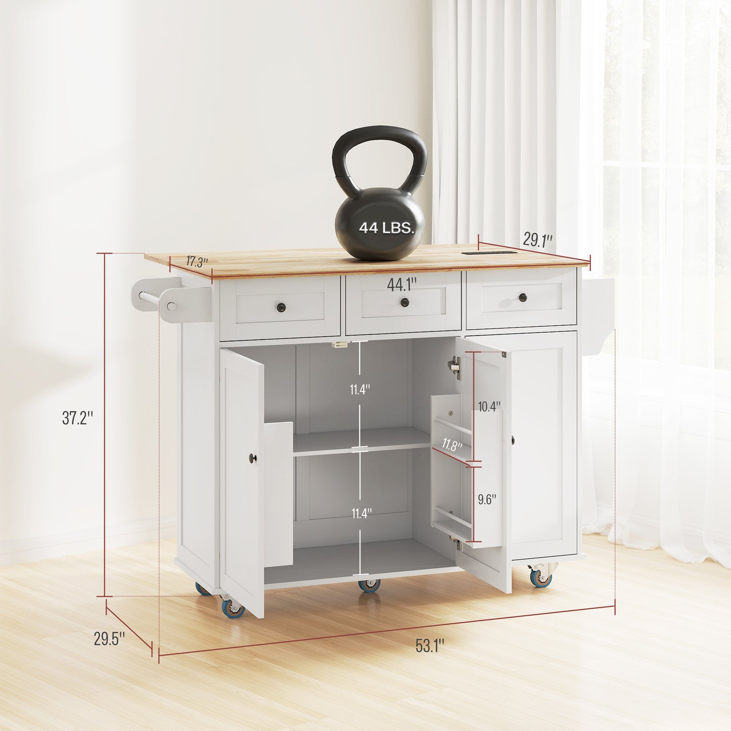 Rolling Kitchen Island with Drop Leaf & Charging Station - White