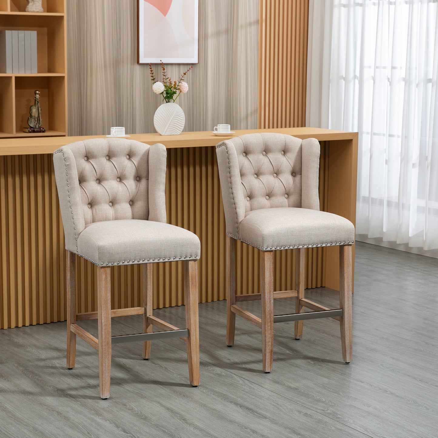 Counter Height Bar Stools Set of 2 - Beige Linen Fabric
