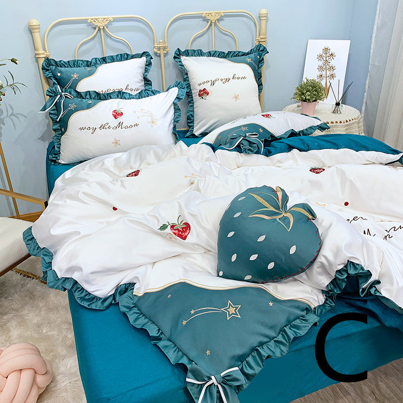 Cotton Embroidery Duvet Cover Set - Four-Piece Bedding with Strawberry Design