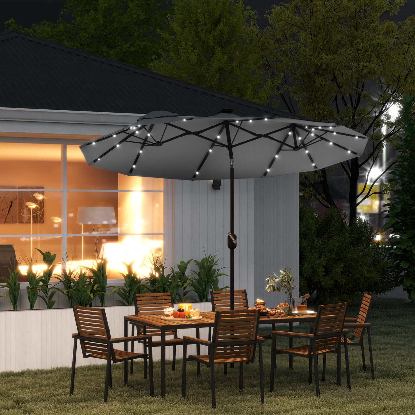 Double-Sided Patio Umbrella with Solar LED Light - Gray