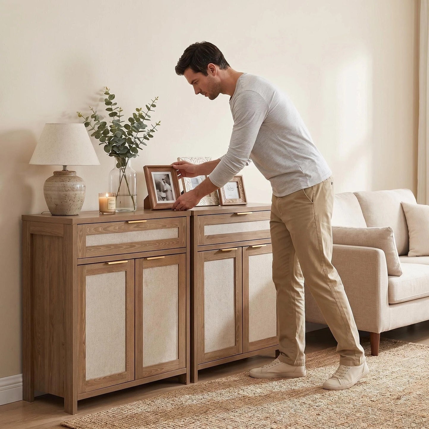 Rattan Sideboard Buffet Cabinet, Farmhouse Storage Cabinet With