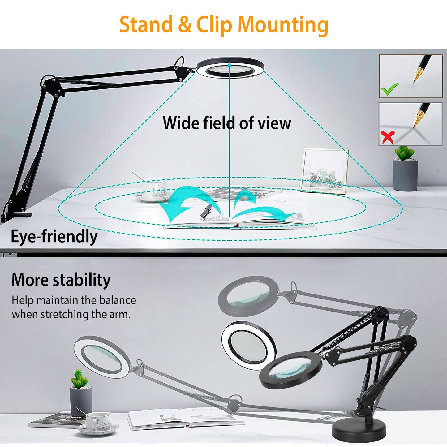 8X Magnifying Desk Lamp with Light, Clamp & Stand, 3 Light Modes, Black