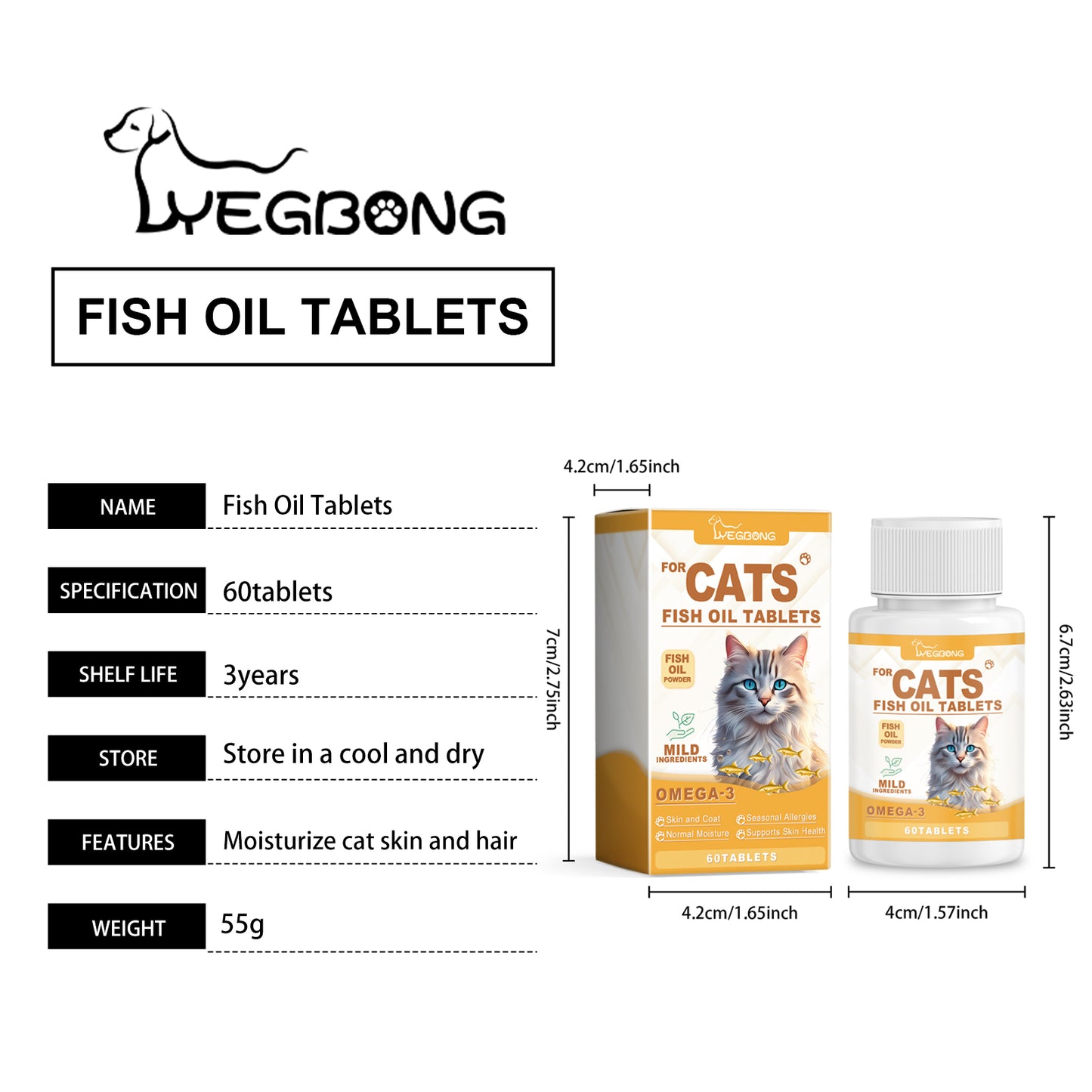 Fish Oil Tablets for Cats - Multivitamin Skin & Coat Supplement, Supports Immune, Heart & Bone Health - 60 Chewable