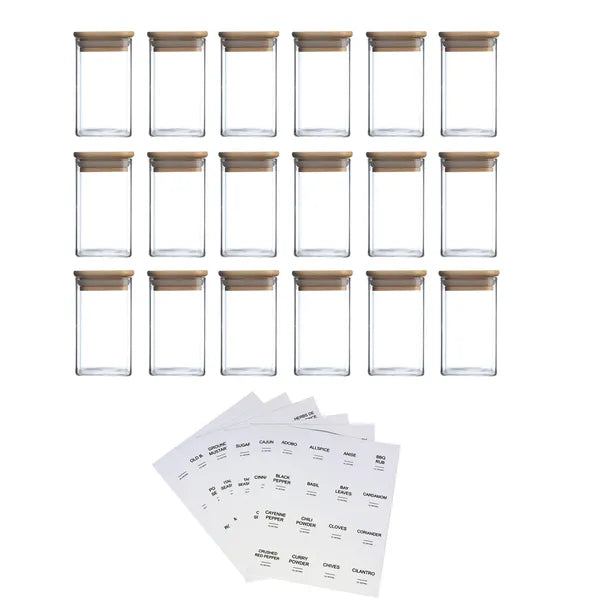 18 PCS Square Seasoning Jars - Bamboo & Glass Spice Containers