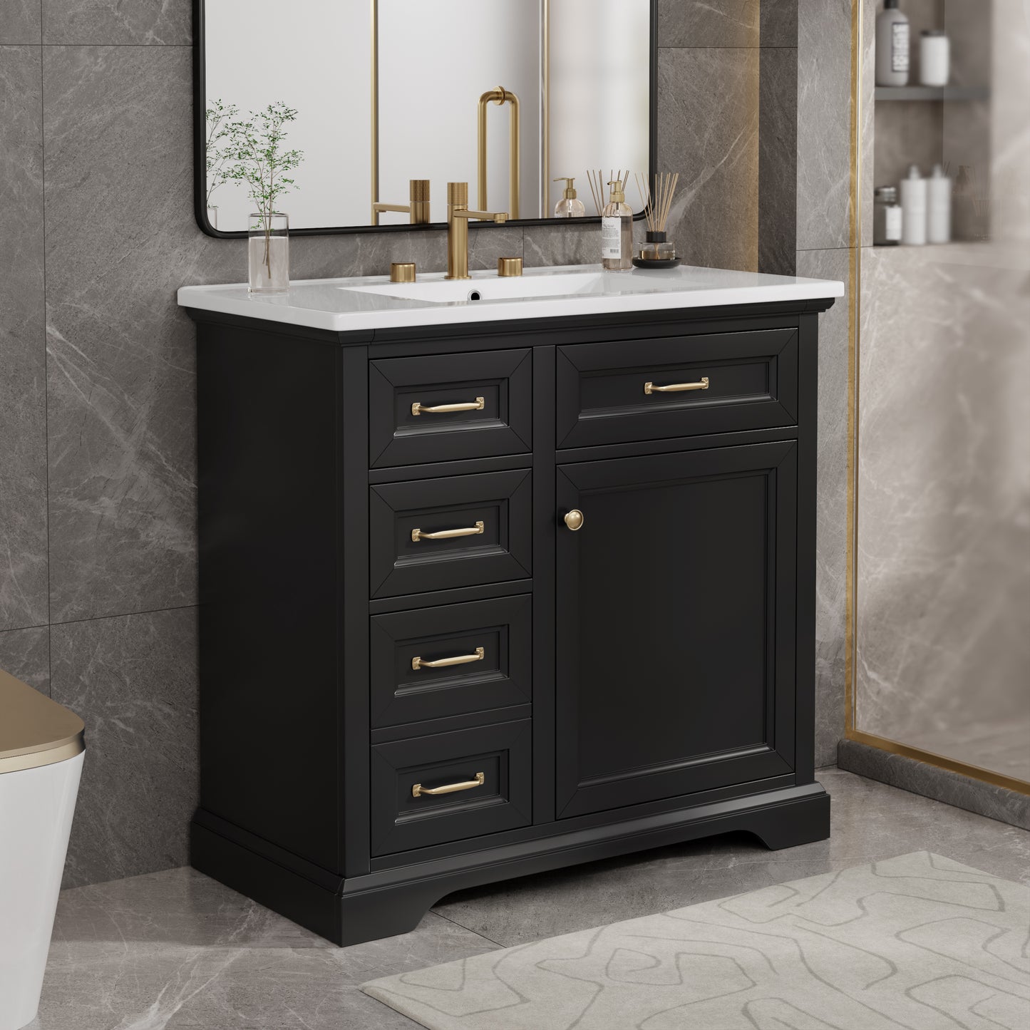 36-Inch Bathroom Vanity with Ceramic Sink, 4 Drawers, Black