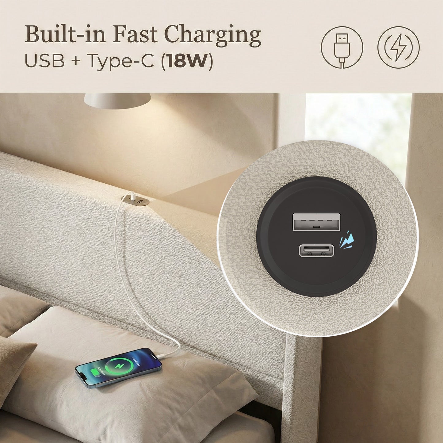 Queen Size Upholstered Bed Frame with USB Ports - Grey