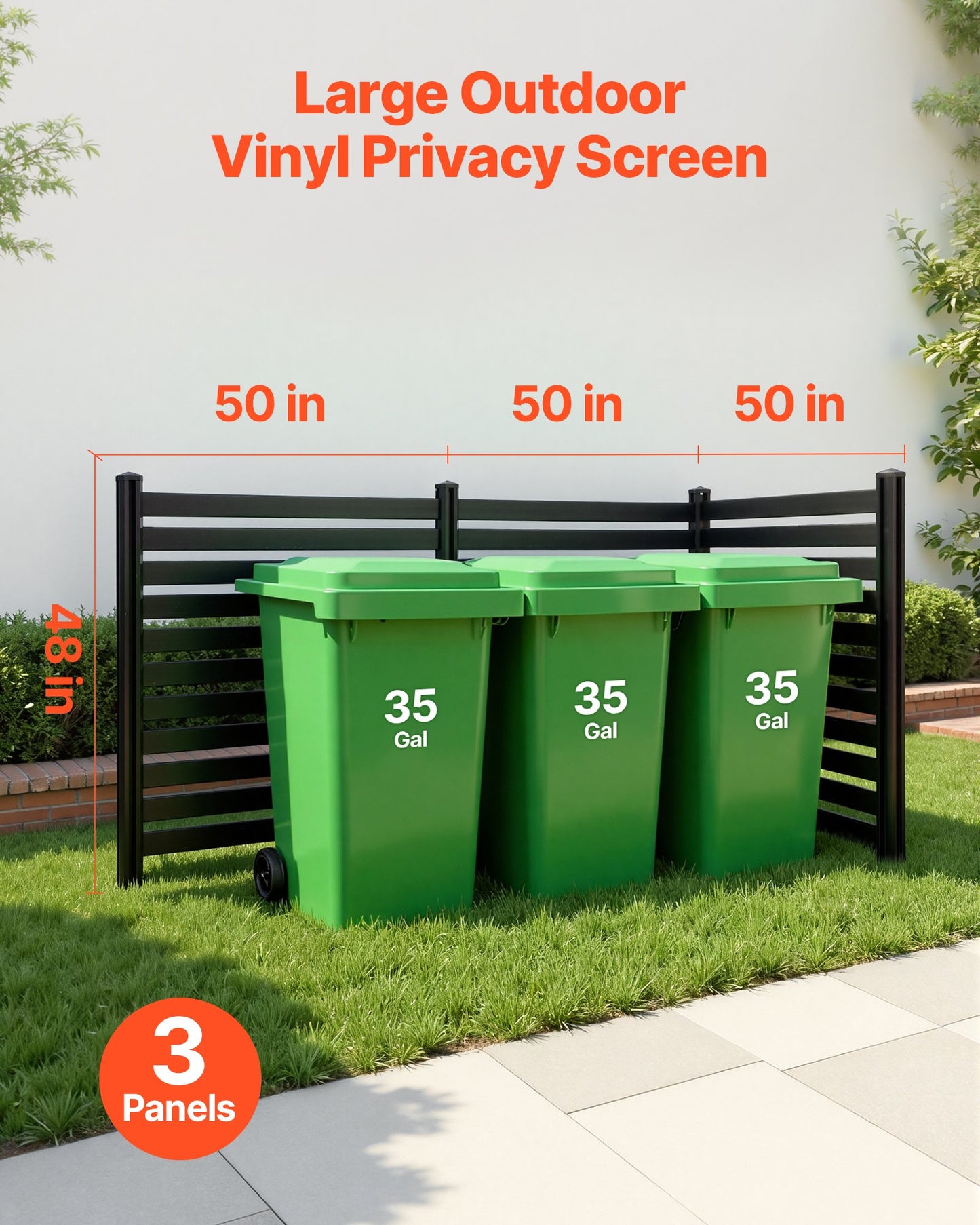 Outdoor Privacy Fence Panels - Vinyl Enclosure for A/C & Trash Cans, Black, 50 x 48 in, Set of 3