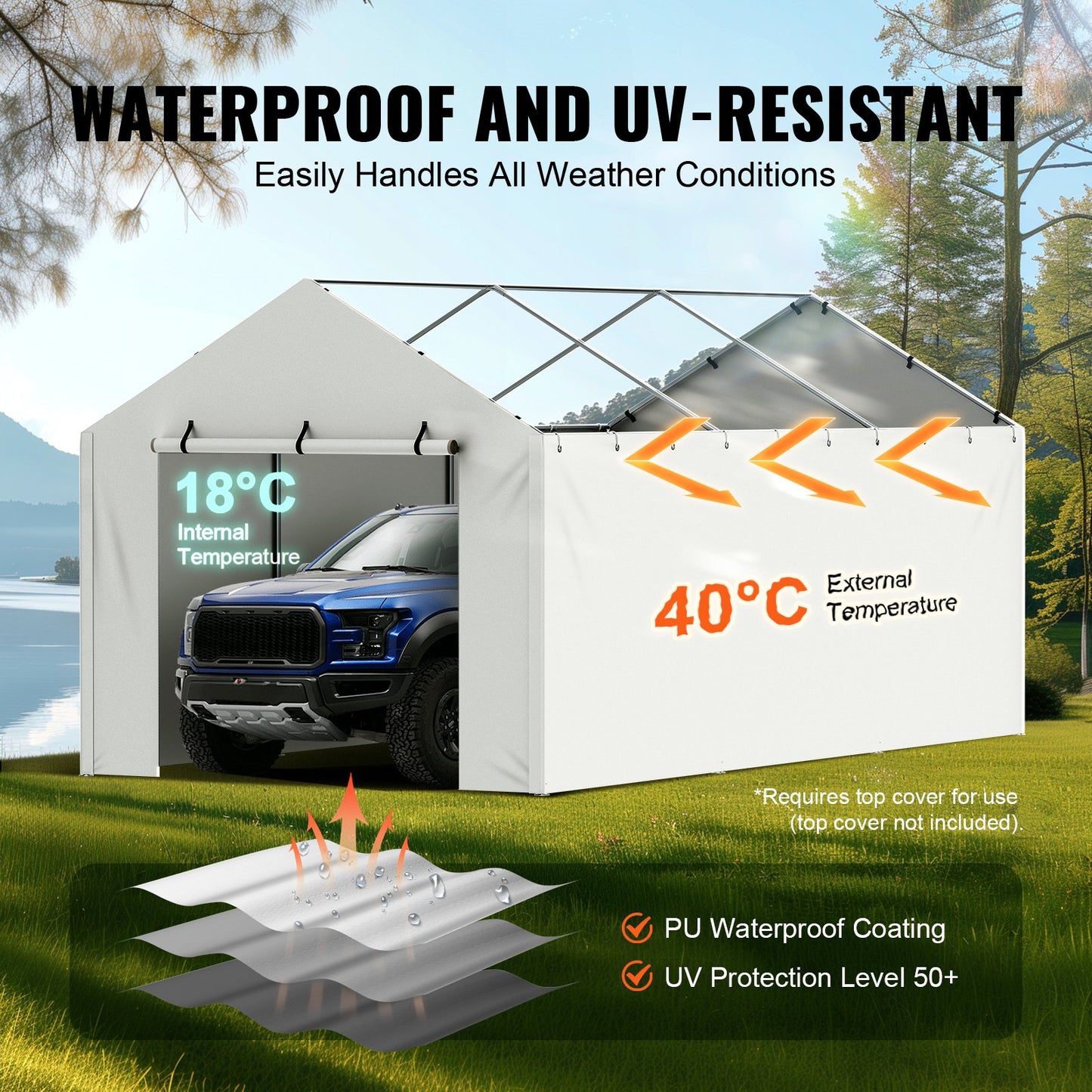 10x20 Ft Waterproof UV Side Wall Canopy Cover for Garage Shelter - Grey