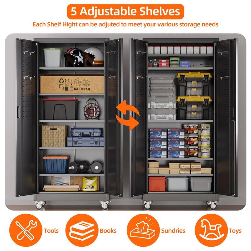 Metal Storage Cabinet on Wheels - Lockable Black with 5 Shelves