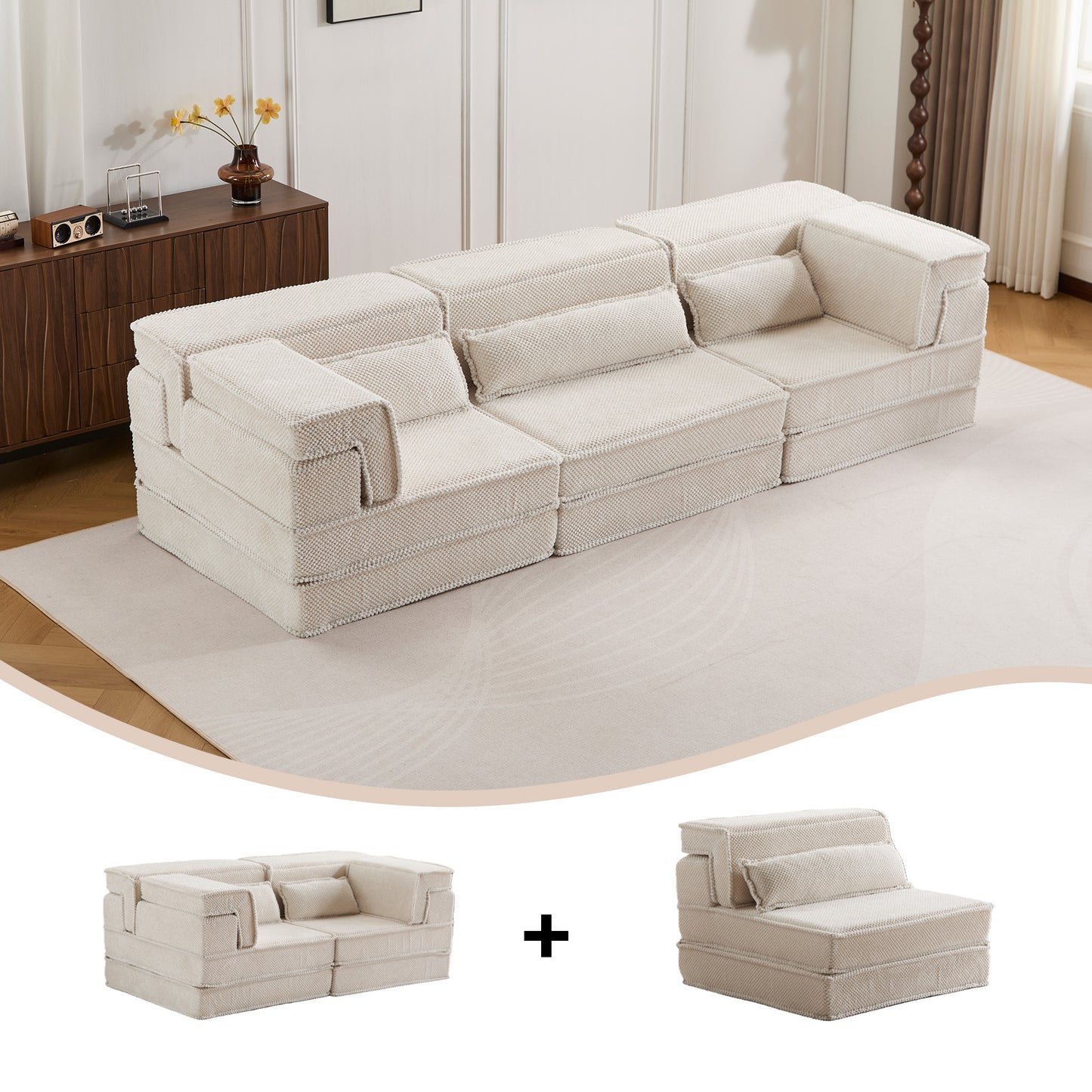 Convertible White Floor Sofa Bed - Oversized 3 Seater with Pillows