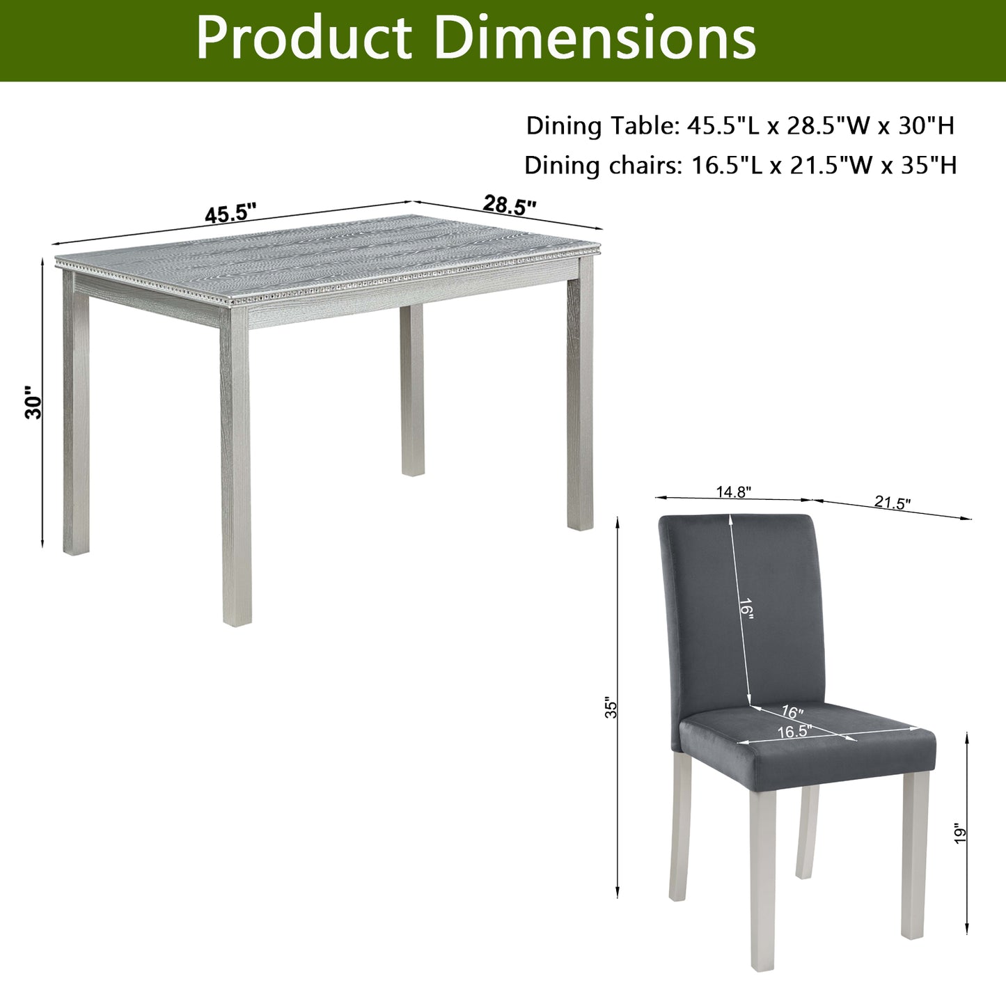 5-Piece Wooden Dining Table Set with Upholstered Chairs - Silver Grey