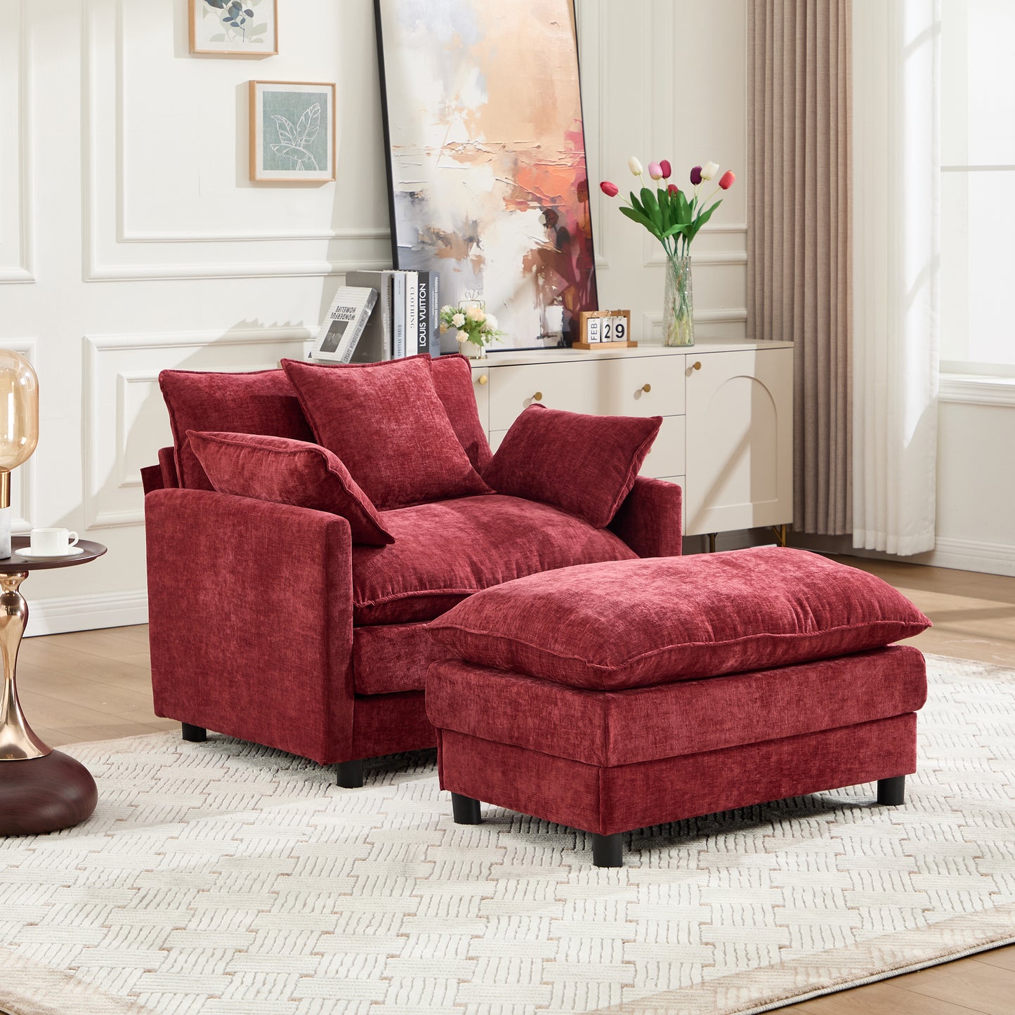 Modern Accent Chair with Ottoman - Wine Red Chenille Upholstery