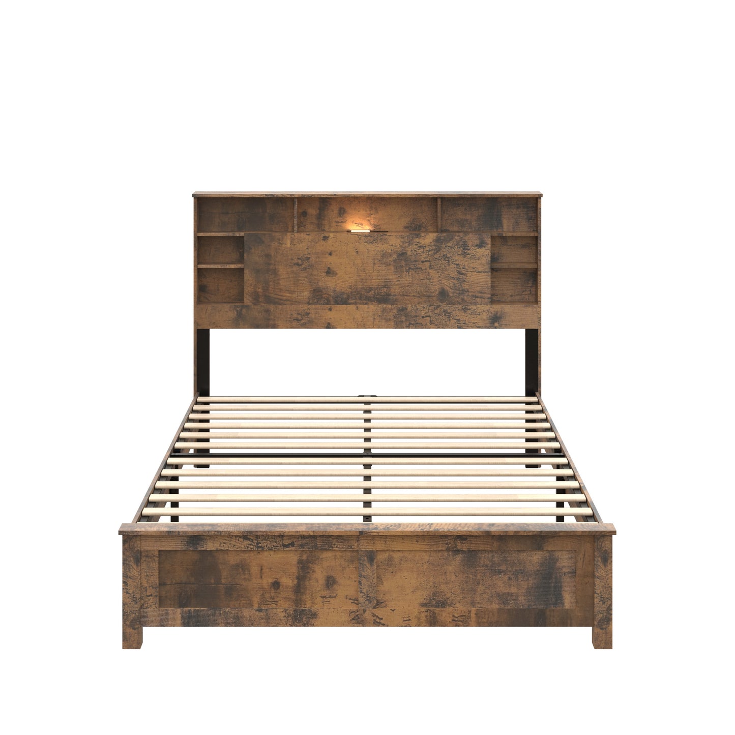 Full Wooden Platform Bed Frame with Bookcase Headboard & LED