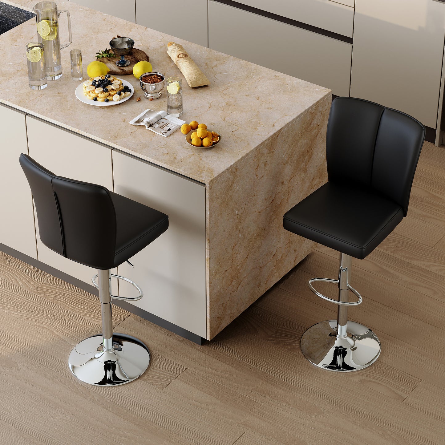 Modern Black PU Bar Stool Set - 2-Piece, Featuring Vertical And