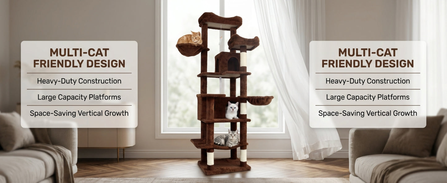 Tall Multi-Level Cat Tree with Hammocks & Scratching Posts - Brown 68in