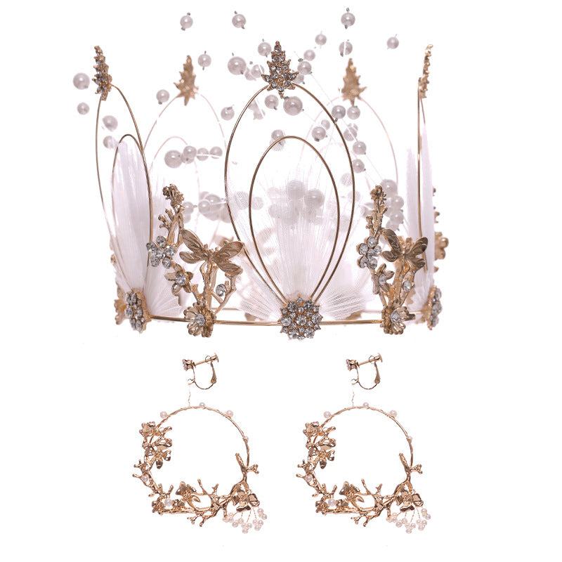 Pearl Bridal Crown Tiara with Earrings - Gold