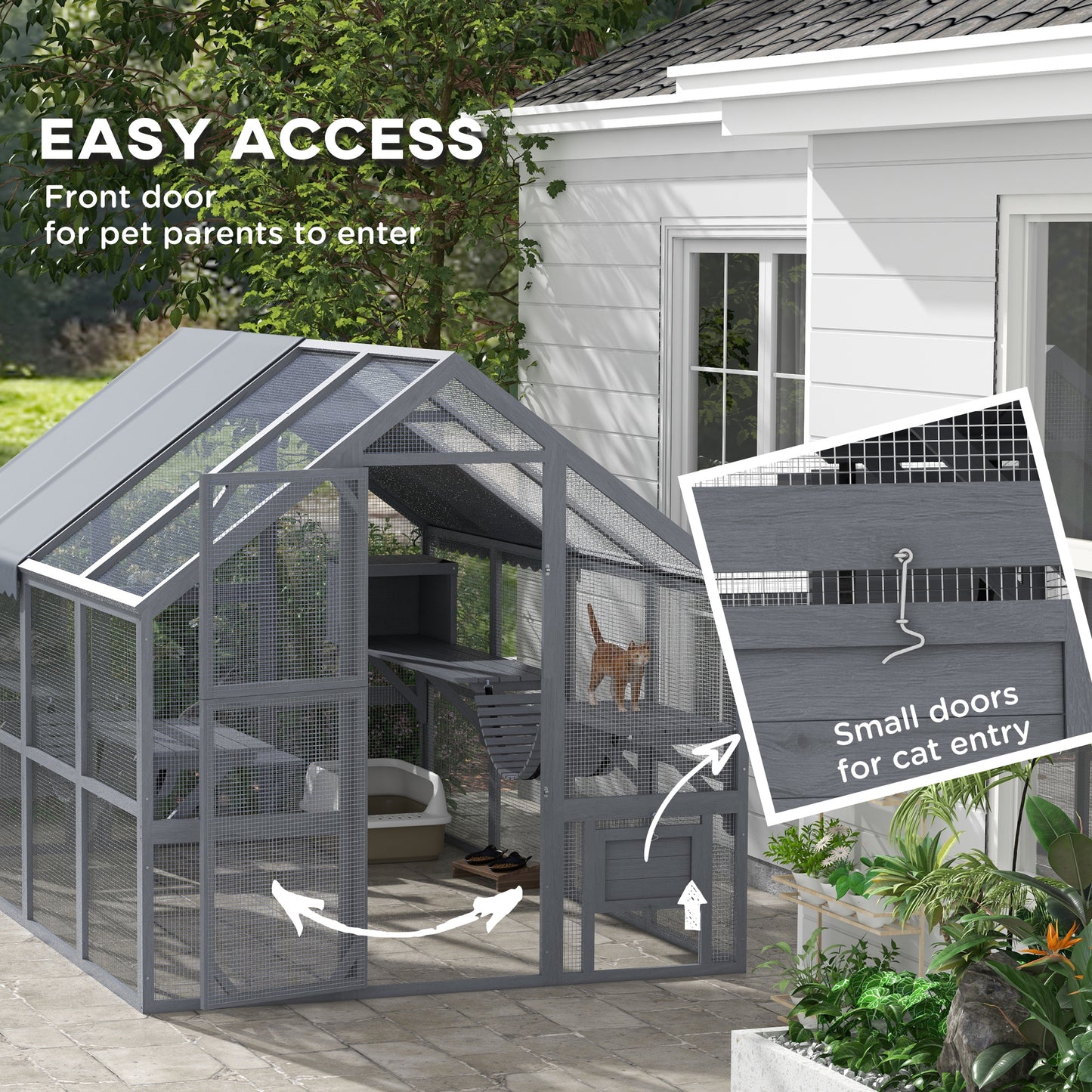 Outdoor Wooden Cat Enclosure with Waterproof Cover for 3-6 Cats