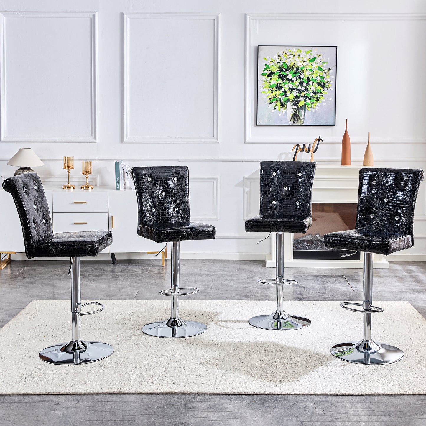 A Set Of 2 Black Vintage Crocodile Leather Lift Bar Chairs, Featuring