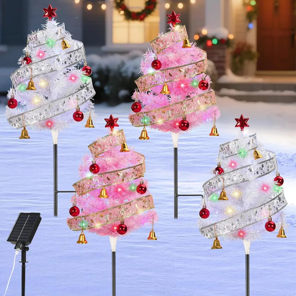 Prelit Pathway Christmas Trees Set of 4 - 33.86" Solar Xmas Decor
