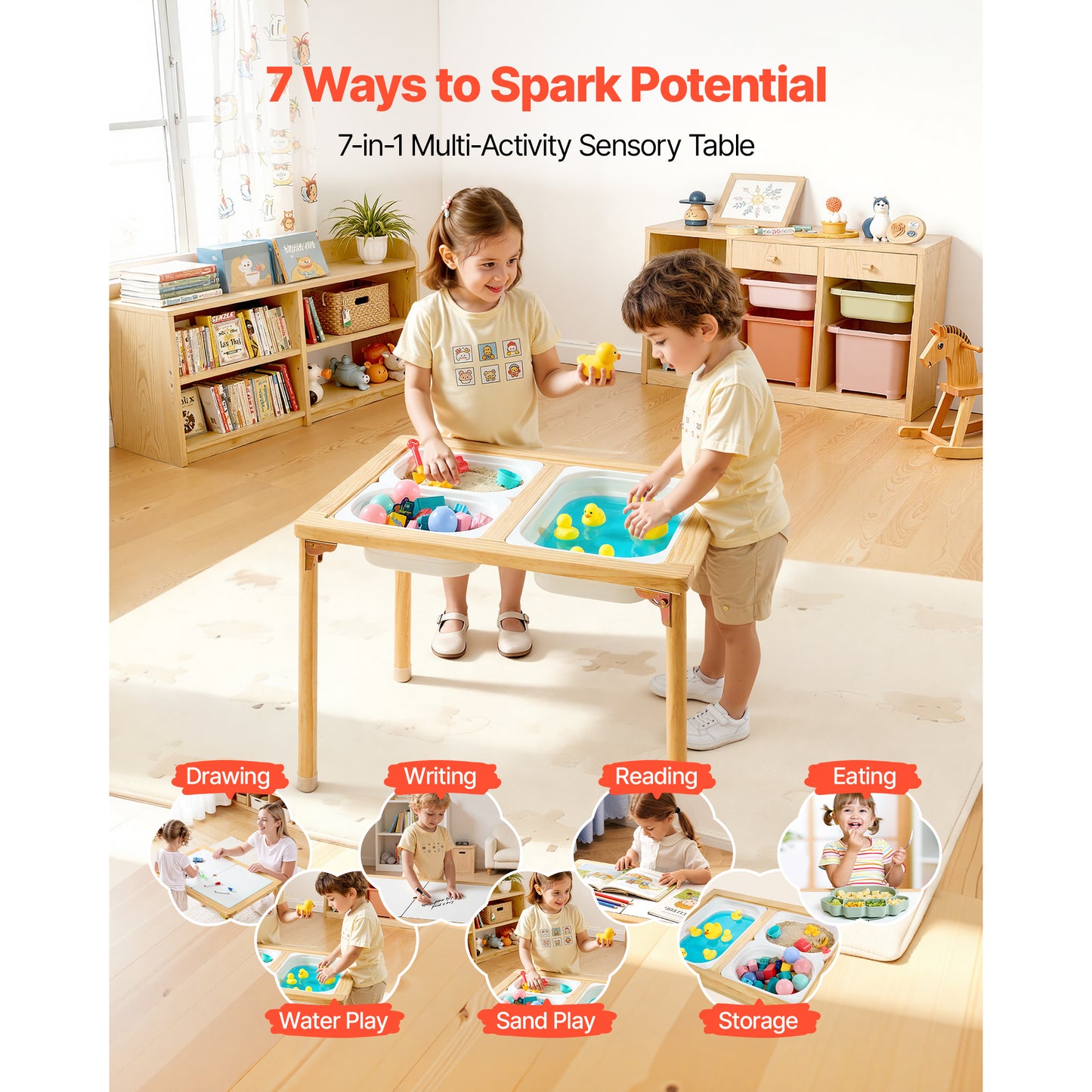 Foldable Wooden Toddler Sensory Table with Double-Sided Board & Storage Bins