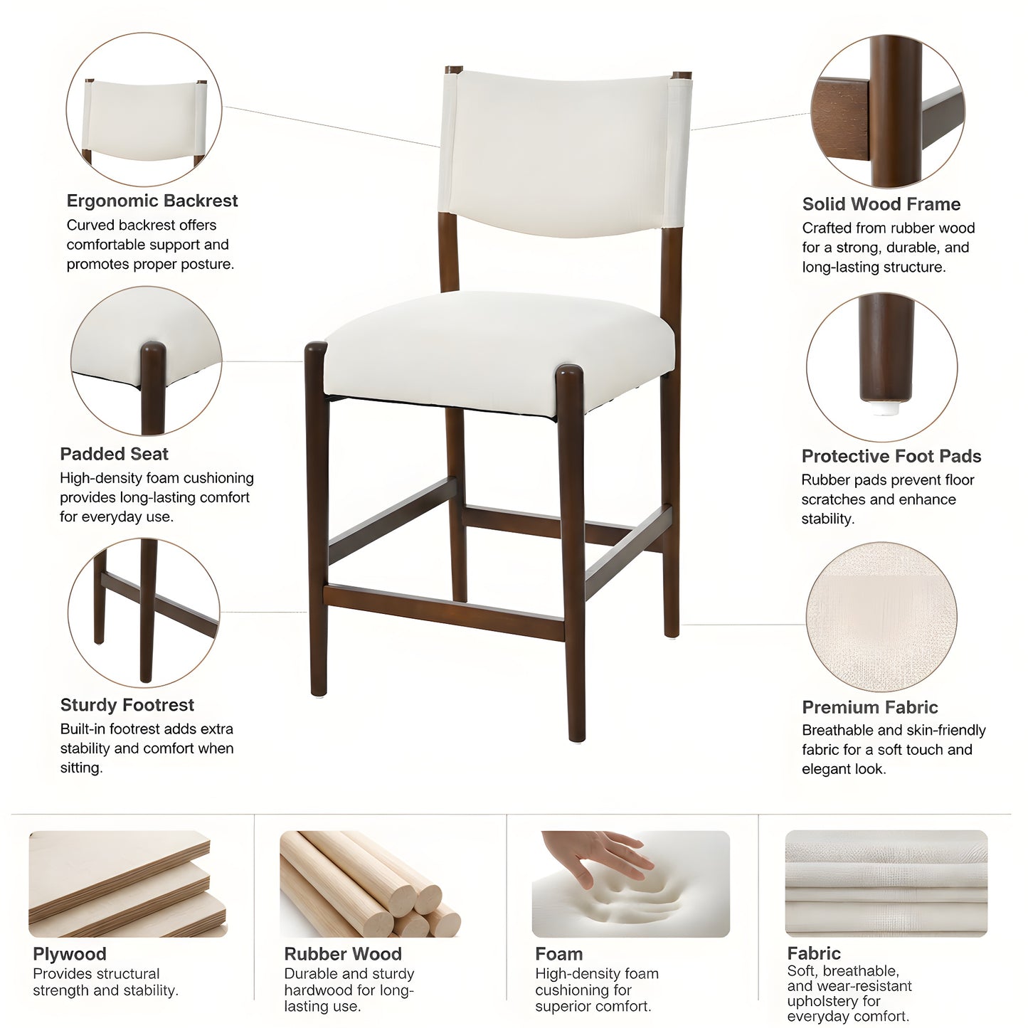 Solid Wood Counter Height Bar Stools Set of 2 - Beige