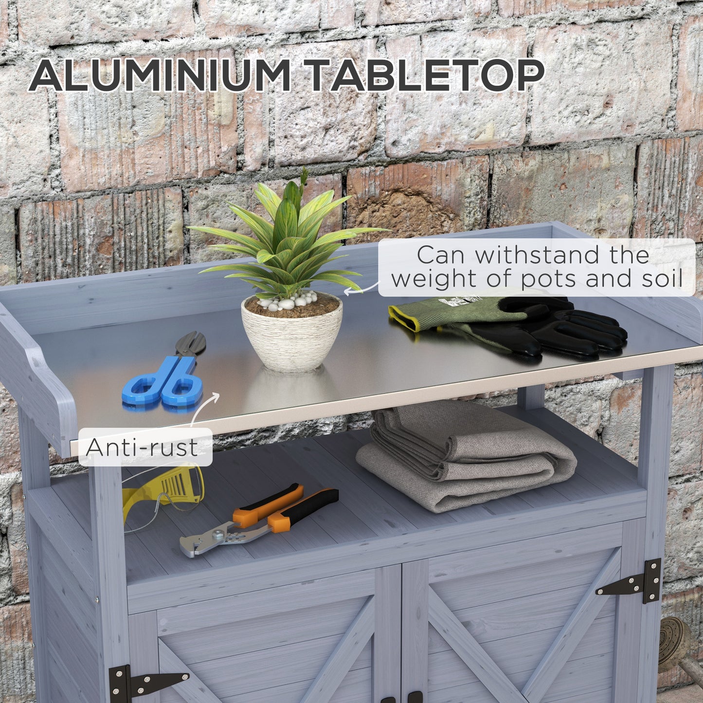 Outdoor Wooden Potting Bench with Storage Cabinet and Movable Wheels, Gray