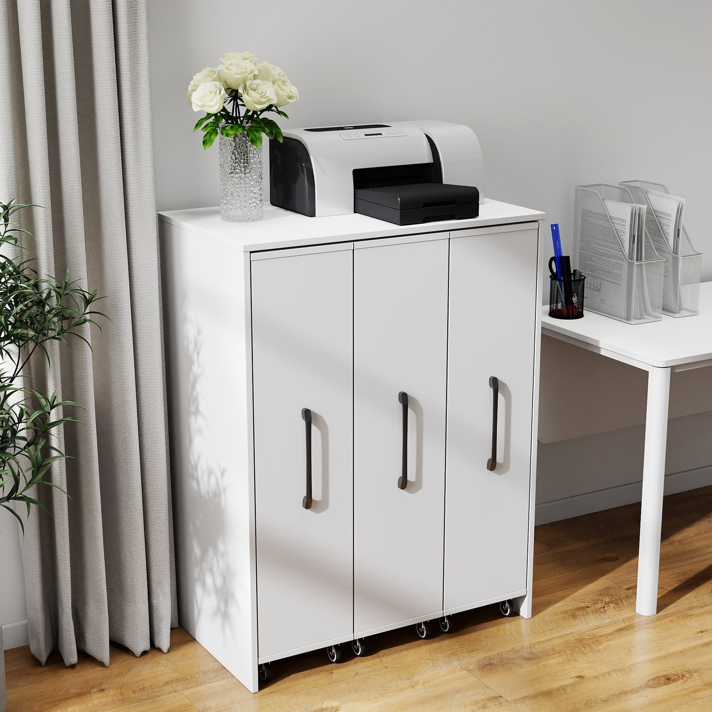 3-Tier Bookcase with Sliding Doors and Wheels - White