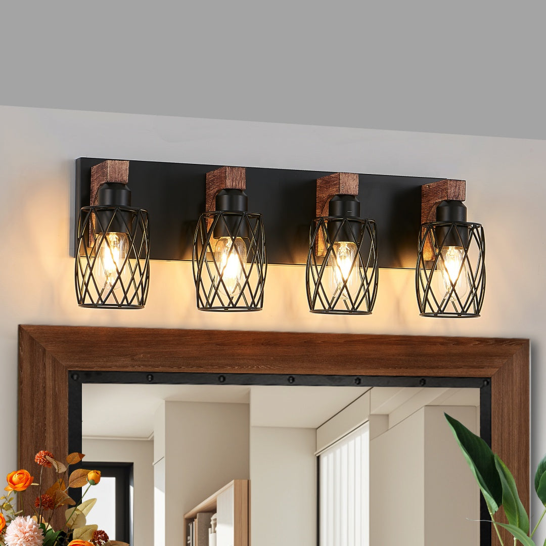Industrial Vintage 4-Light Wall Sconce - Black Cage & Wood Accents