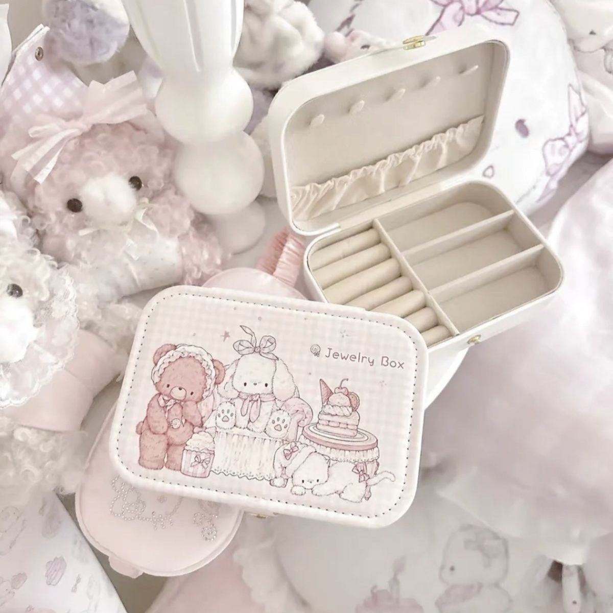 Portable Jewelry Storage Box with Cartoon Design - White