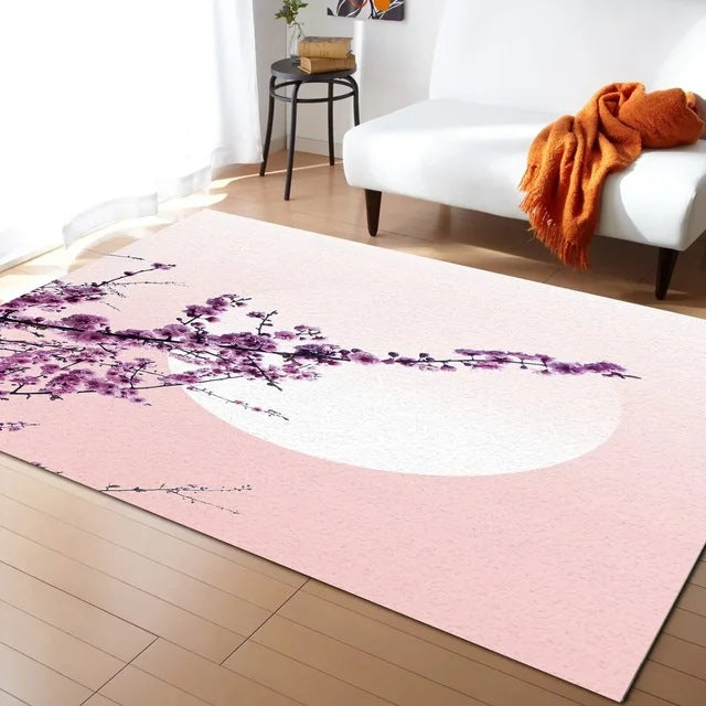 Pastel Cherry Blossom and Crescent Moon Non-Slip Flannel Floor Mat - Home Rug