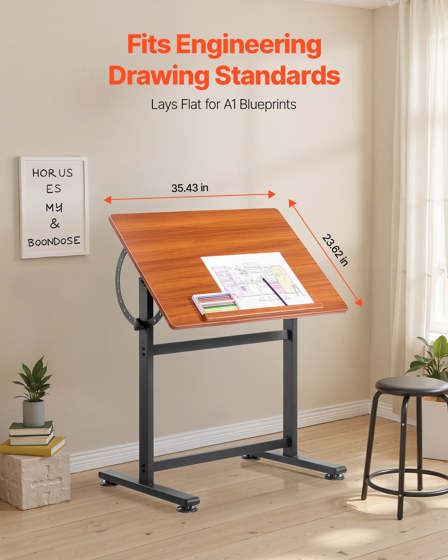 Adjustable Drafting Table - Wooden Drawing Desk with H-Frame