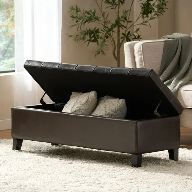 Storage Ottoman Bench - Dark Brown PU, Rubber Wood Legs