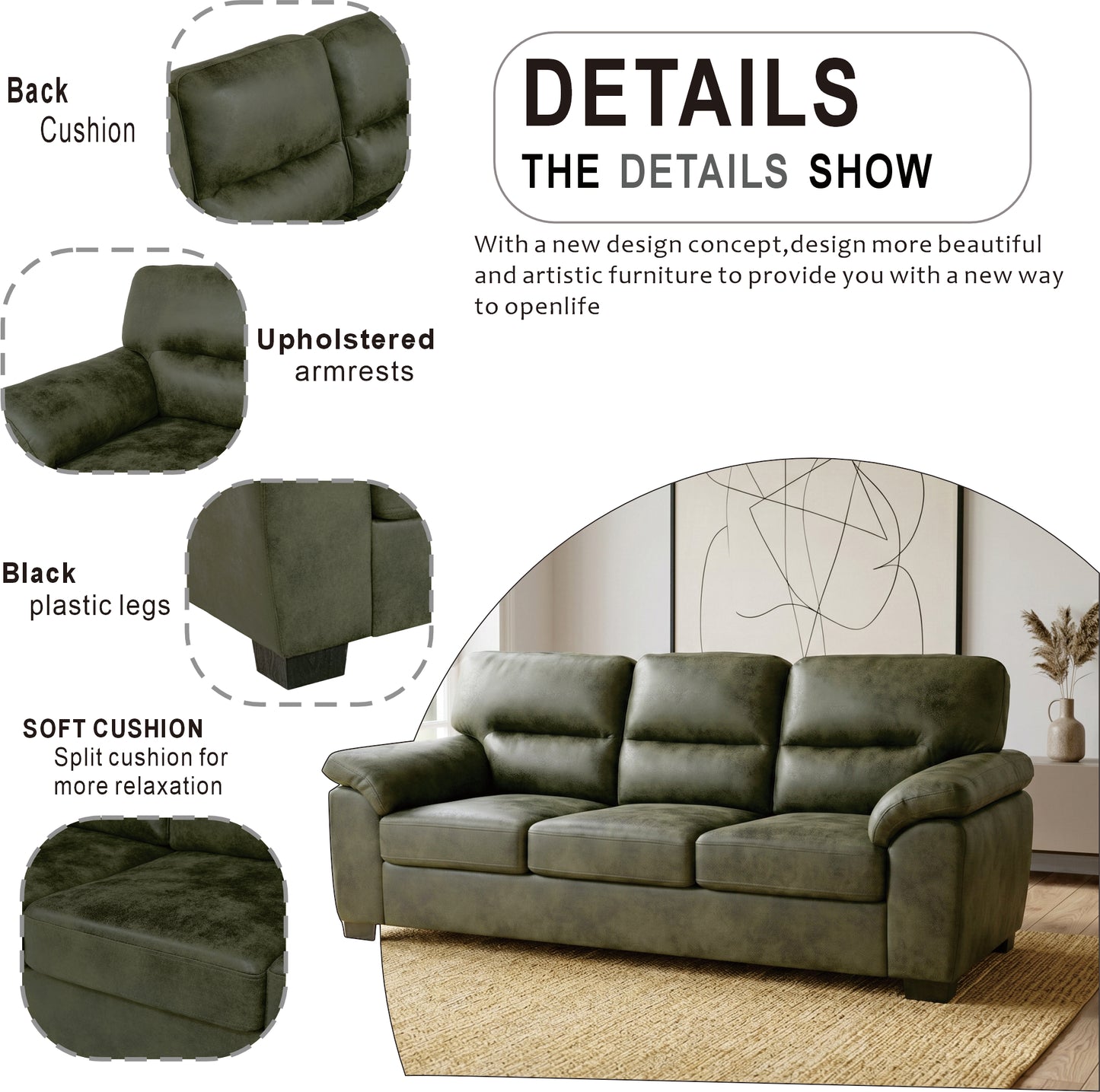 81" Olive Green Mid-Century Modern 3-Seater Sofa with Padded Armrests
