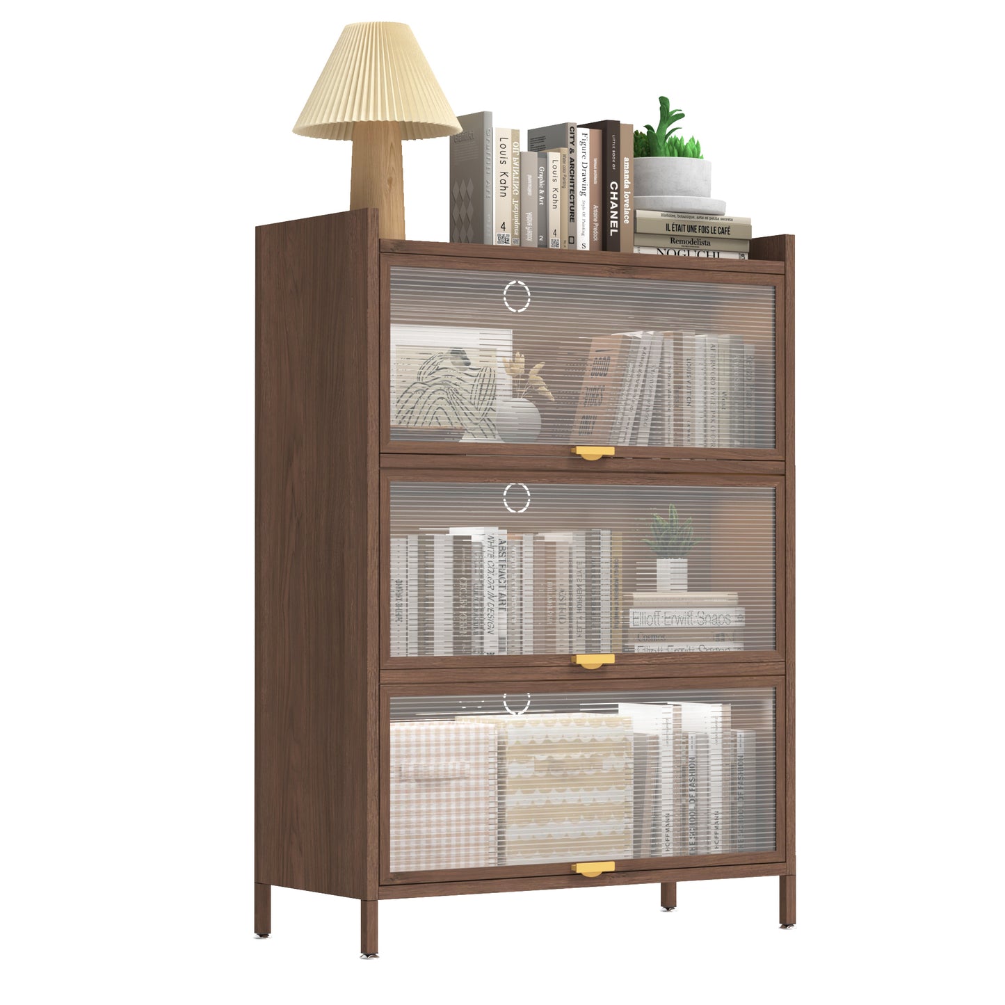 44'' Tall Metal Cabinet with 3 Flip Doors - Walnut Storage