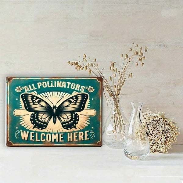 Vintage Garden Sign - All Pollinators Are Welcome Here - 20cm