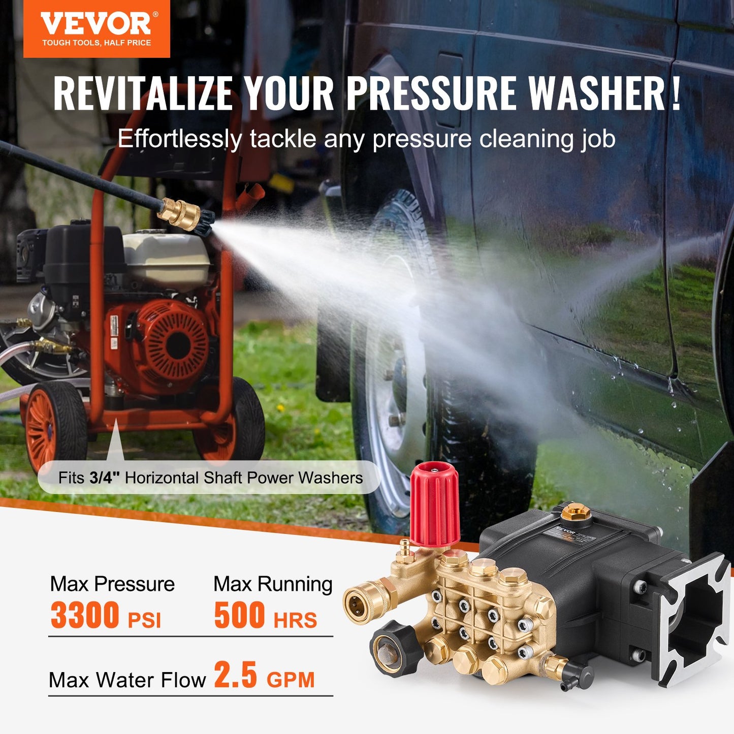 Pressure Washer Pump 3300 PSI 2.5 GPM Horizontal Triplex Plunger - Black