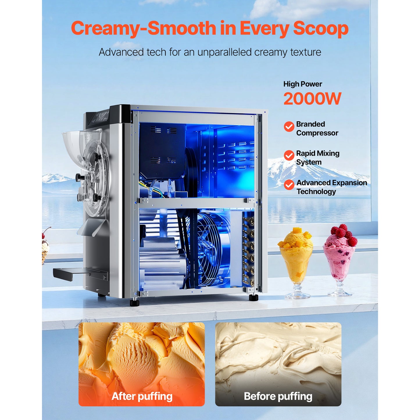 Commercial Hard Ice Cream Machine 2000W 3.17-5.28 Gal/hr Stainless Steel Countertop Gelato Maker with Auto Clean LED Panel for Restaurants