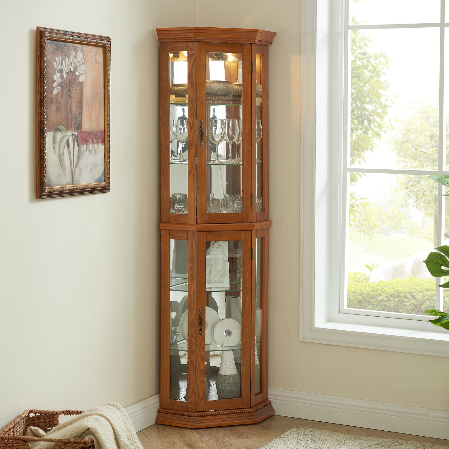 Corner Curio Cabinet Lighted Display, Glass Display Shelf Shelving