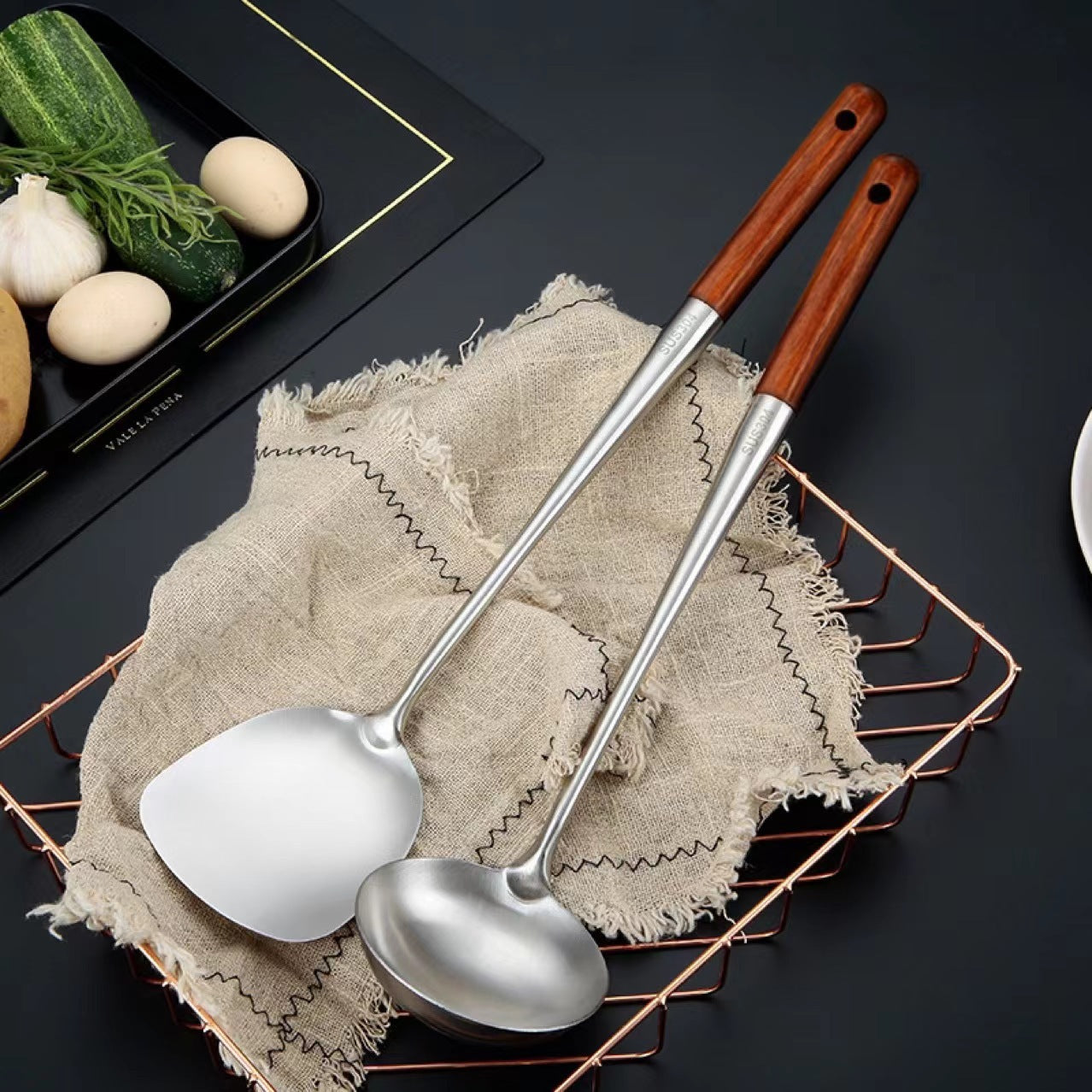 Stainless Steel Kitchen Utensil Set with Rosewood Handles - 4 Pieces