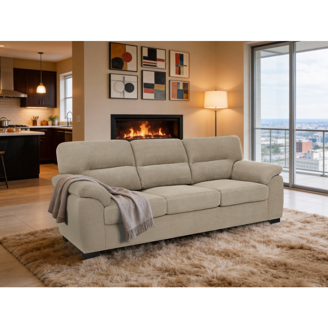 Modern 3-Seater Sofa - Upholstered Textured Fabric Couch - Camel