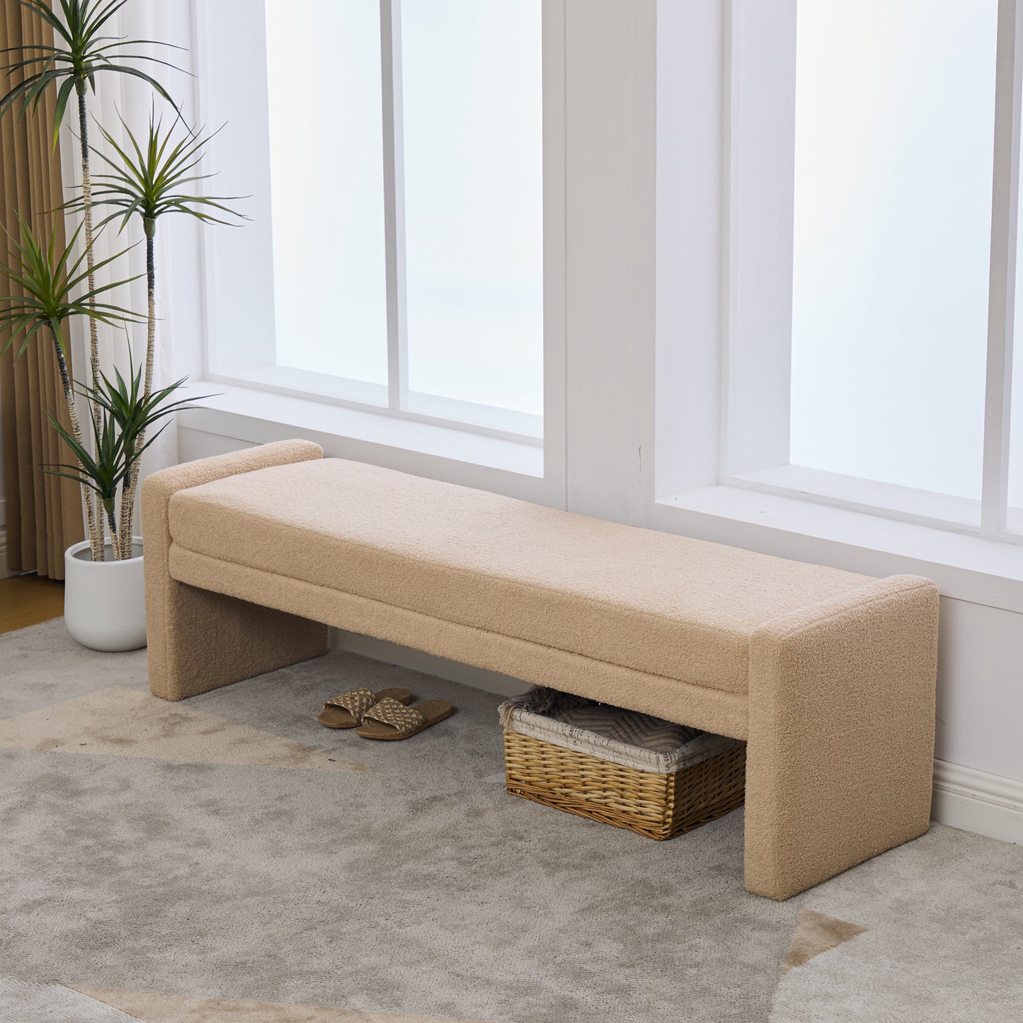 66.9" Modern Upholstered Boucle End Of Bed Bench - Wheat