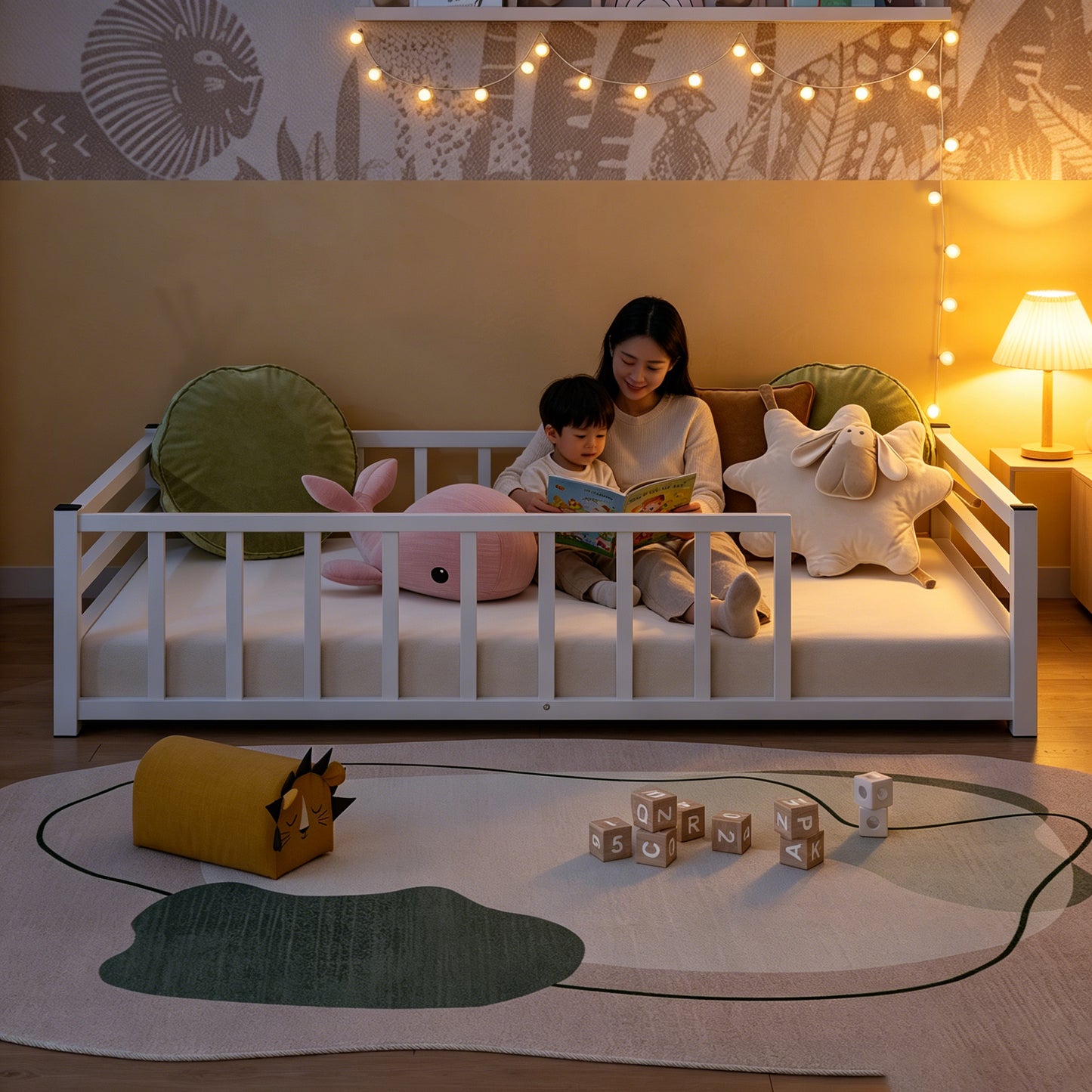 Twin Size Low Profile Metal Bed Frame with Guardrails - White