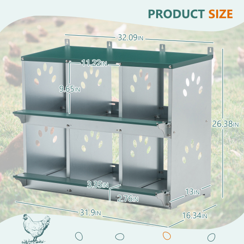 Galvanized Steel Chicken Nesting Box with 6 Compartments - Easy Assembly, Green