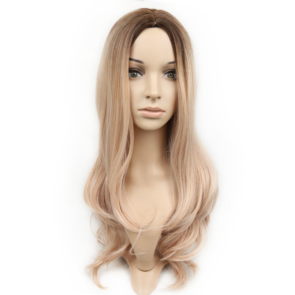 Women's Medium-Length Curly Hair Wig with Oblique Bangs - Light Brown