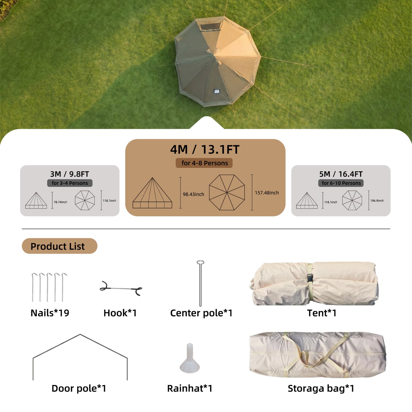 4-Season Glamping Bell Tent 13.1FT - Green Waterproof Yurt Tent
