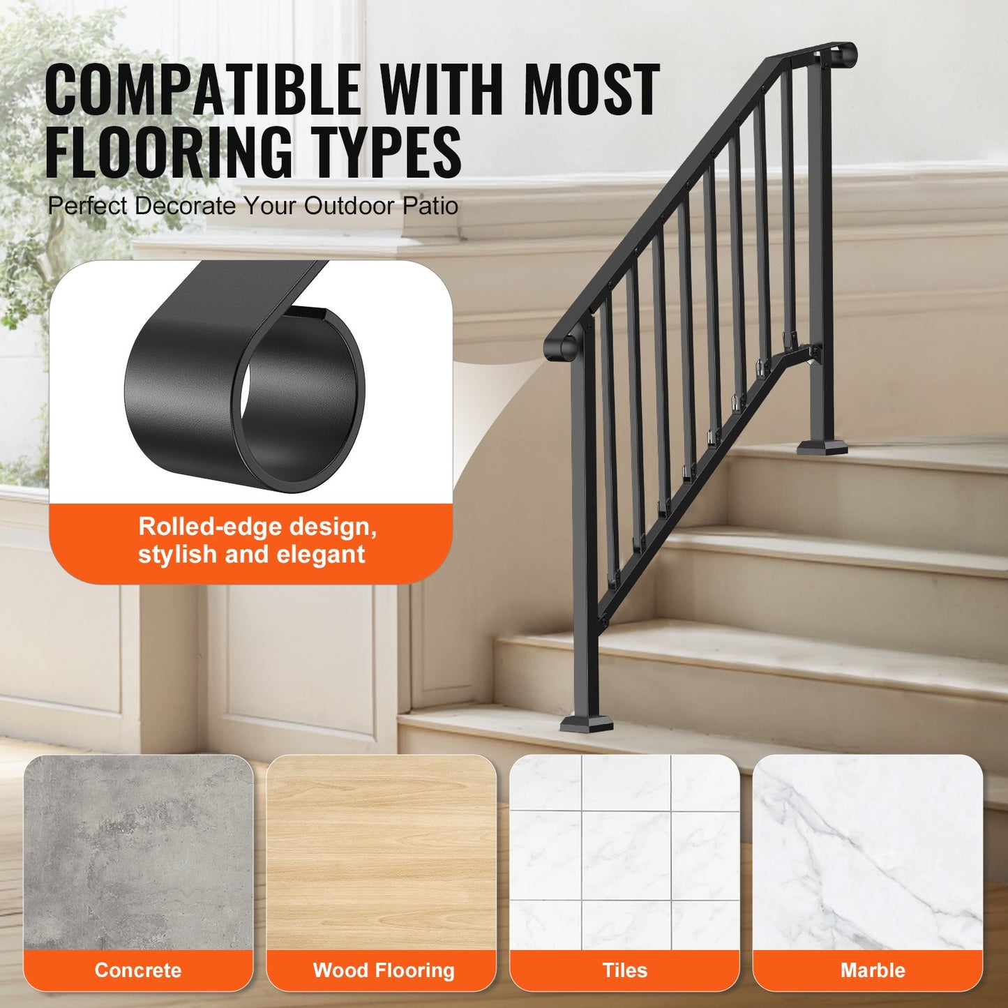 Outdoor Handrail for Steps - Black 3-4 Step Porch Deck Safety Railing