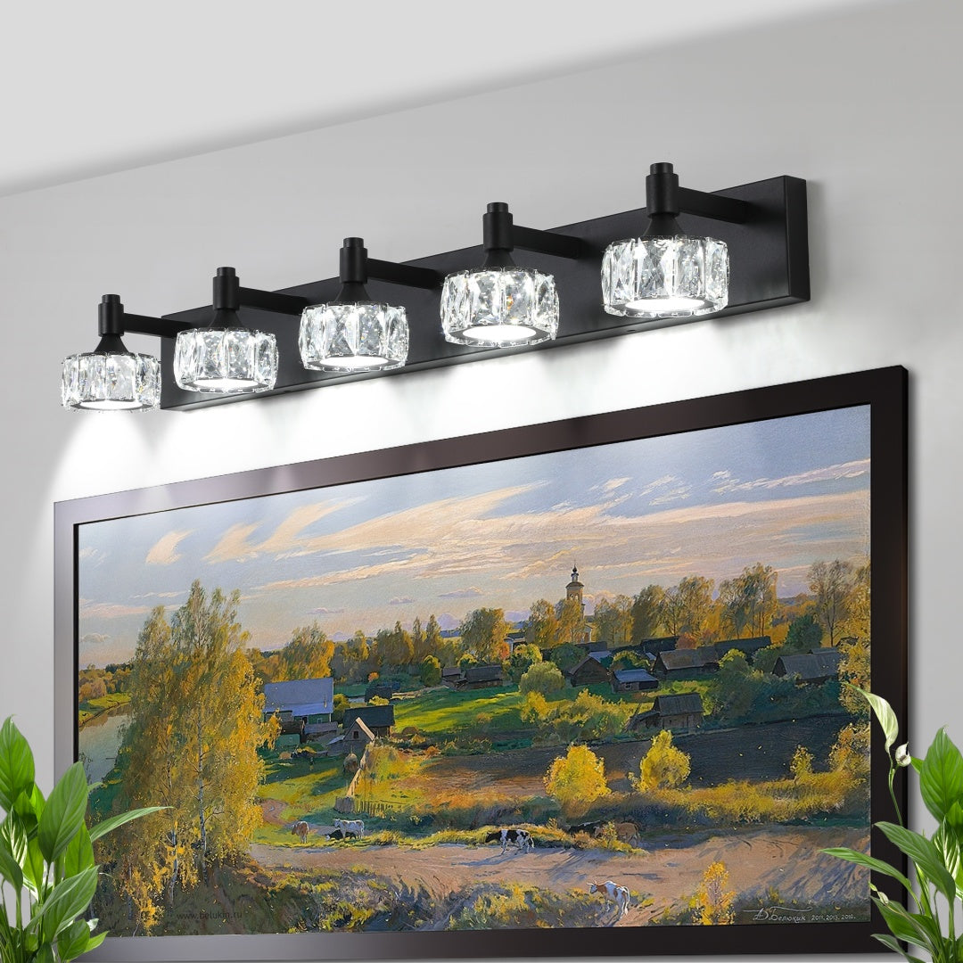 5-Light Matte Black LED Vanity Light Fixture with Crystal Shades