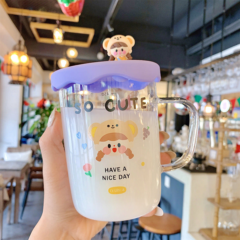 Creative Cartoon Girl Glass Cup 500ml - Colorful Handcrafted Drinking Mug