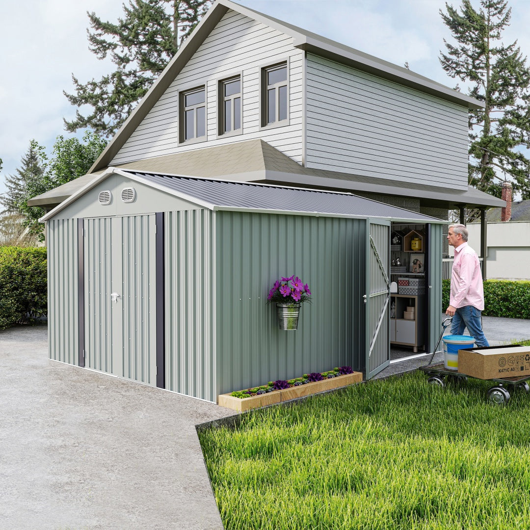 10x12 FT Outdoor Metal Storage Shed with Lockable Door - White
