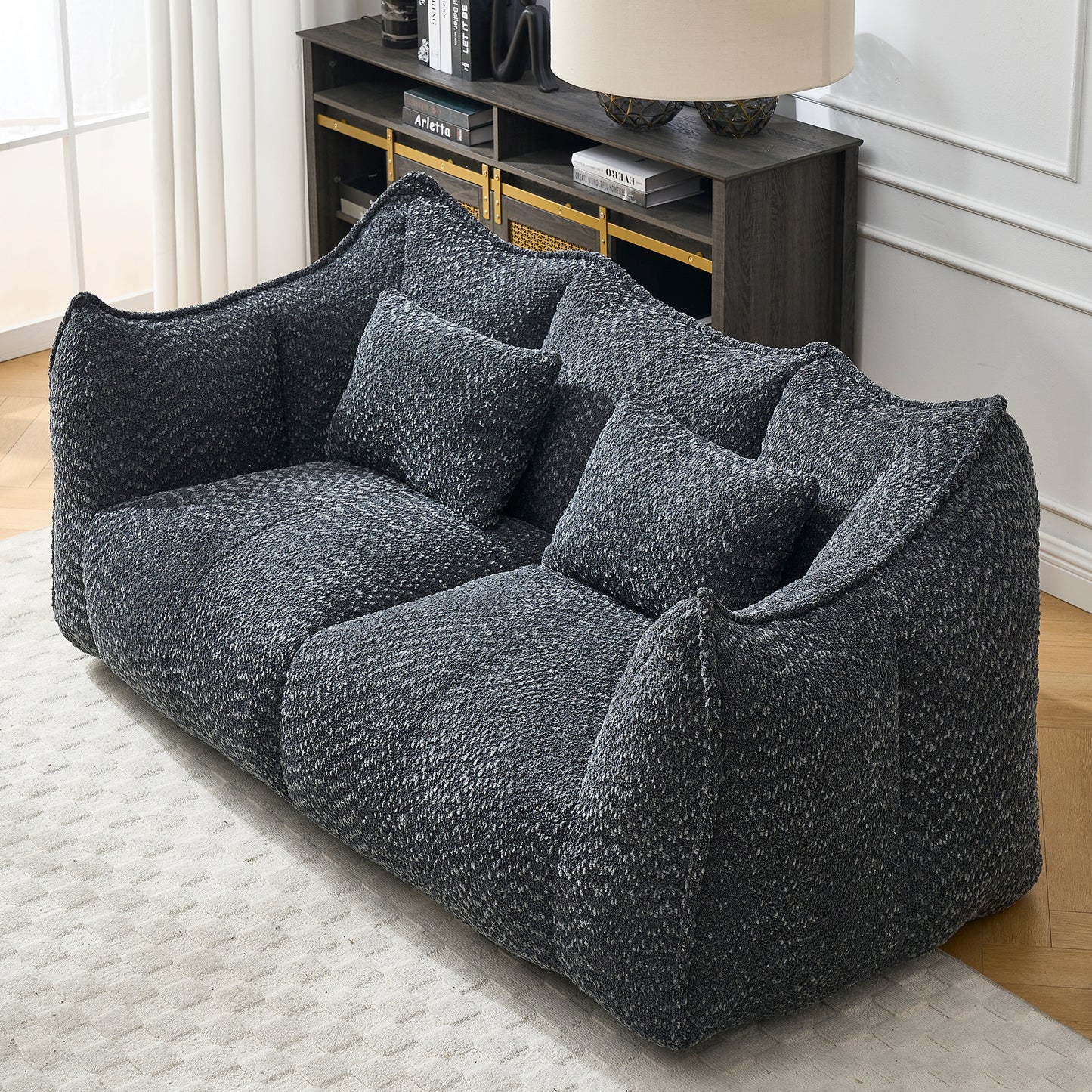 Comfortable Square Beanbag Chair for Two - Black Chenille